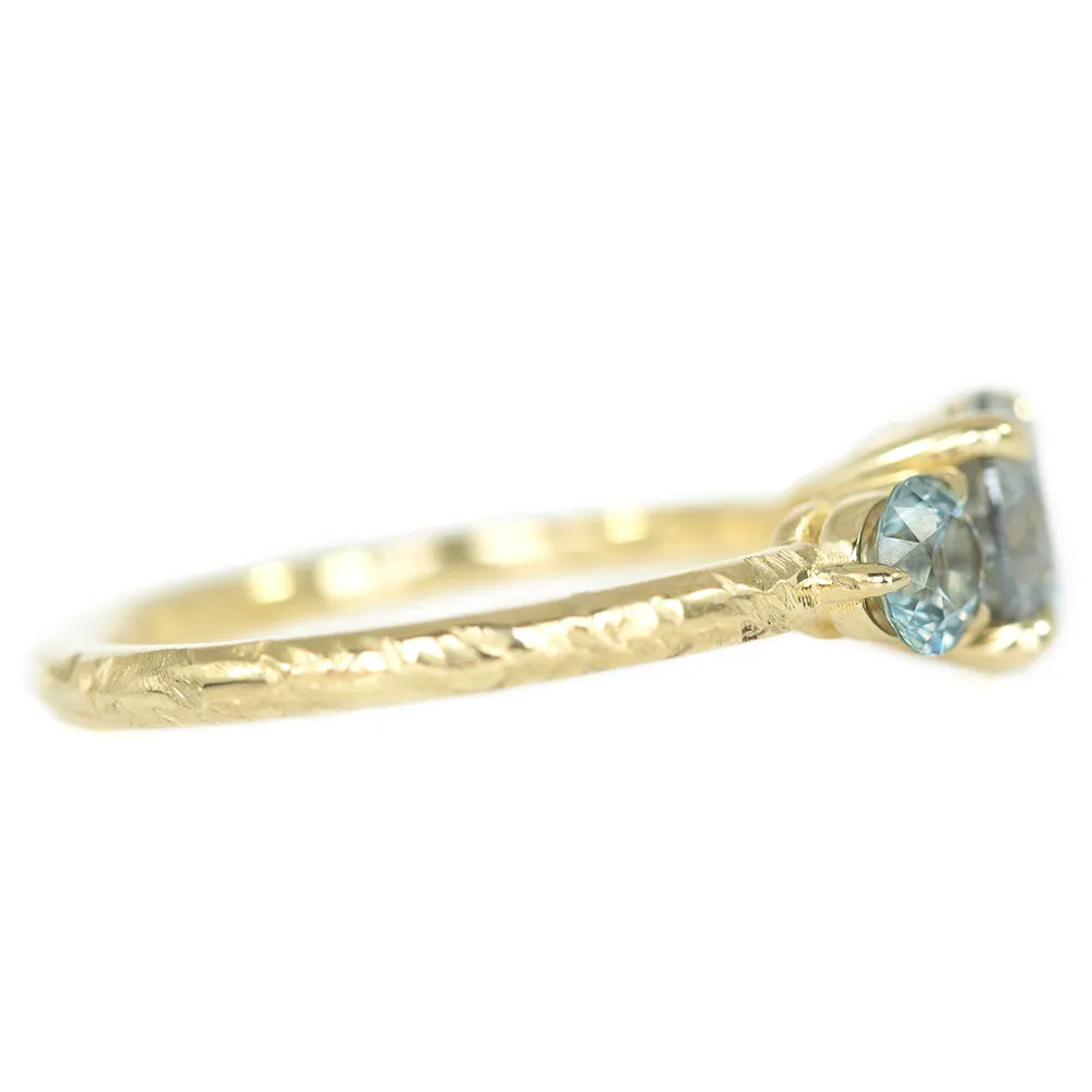 1.07ct Round Salt And Pepper Diamond Three Stone Ring With Montana Sapphire Side Stones In 14k Yellow Gold