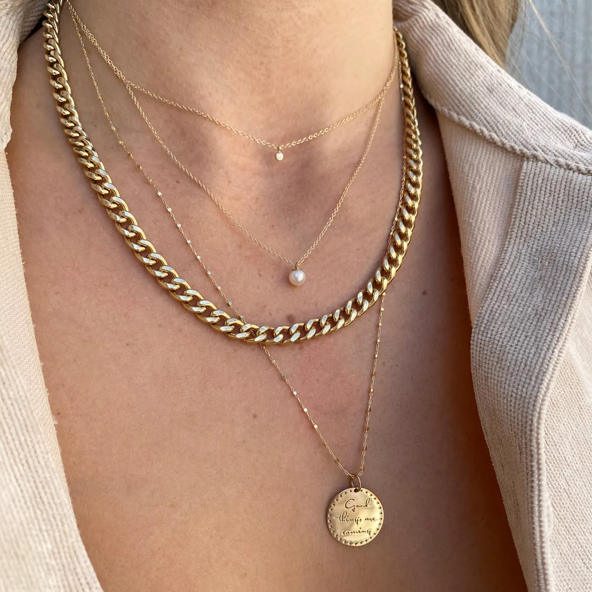 14k Small Mantra Necklace on Square Bead Chain