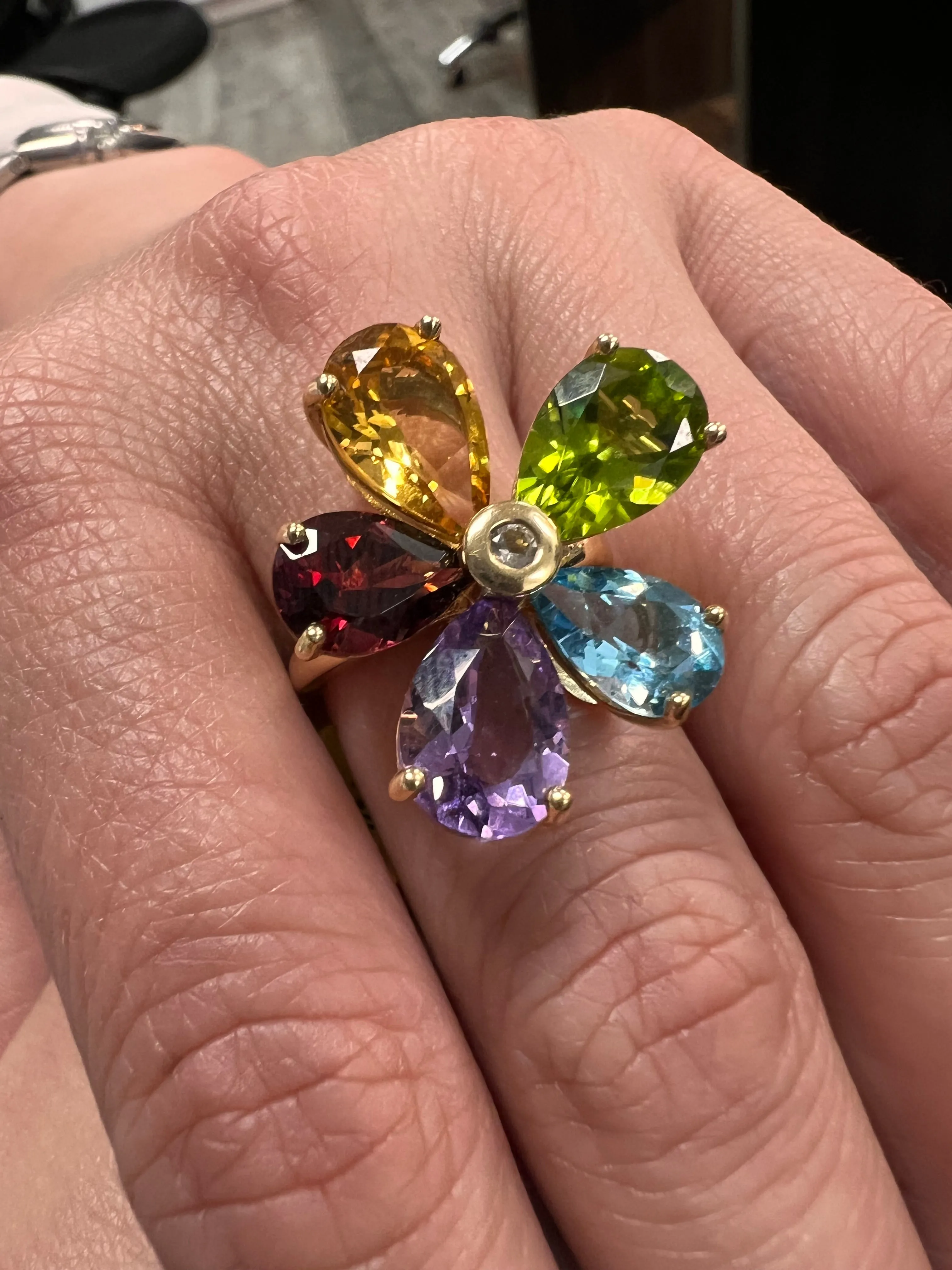 14K Yellow gold color gemstone petals rings-15428