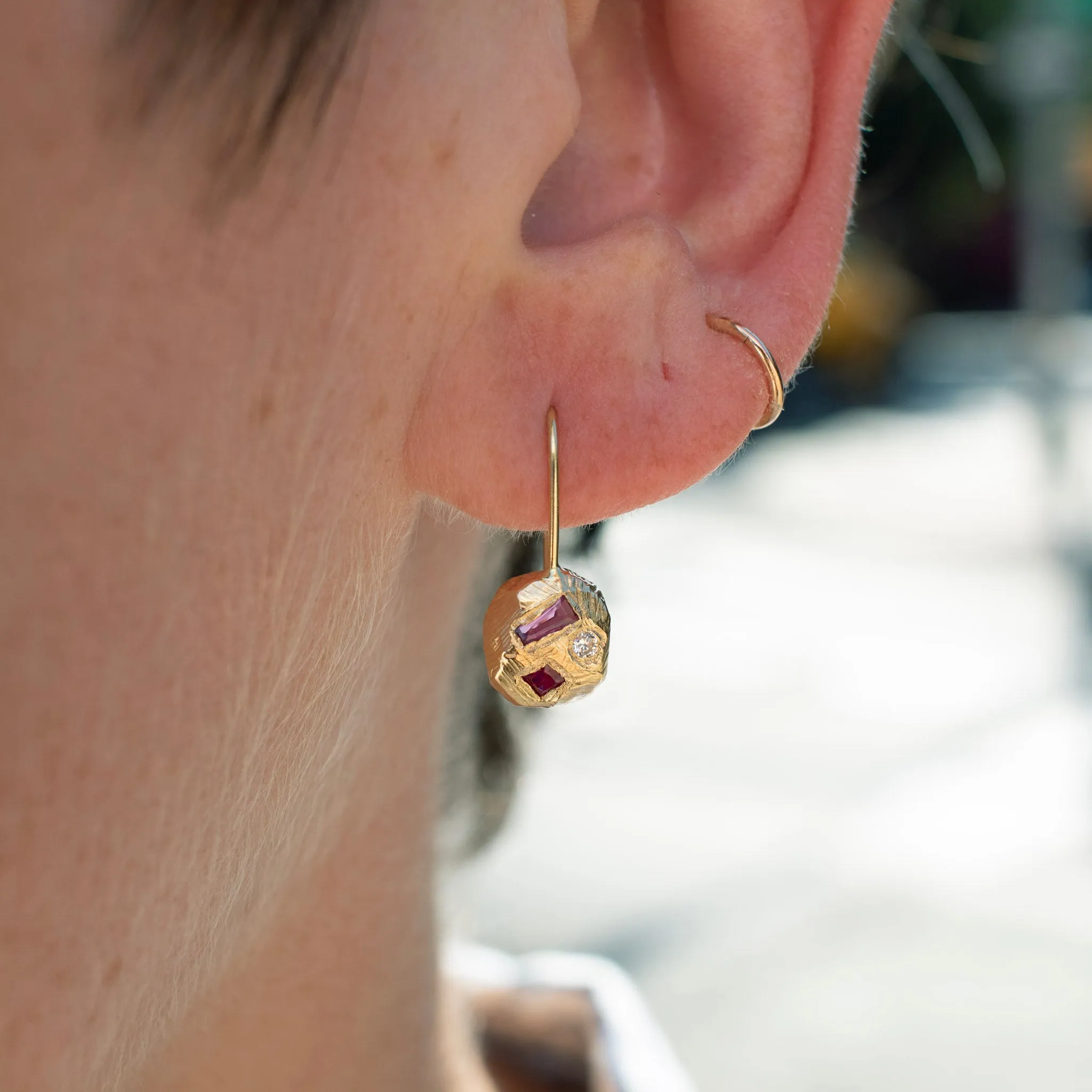 18K Geometric Ruby and Diamond Earrings