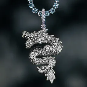 18K Iced Out Dragon Pendant Necklace Set in White Gold