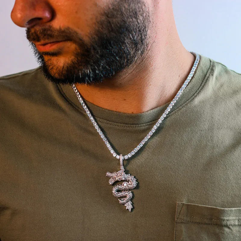 18K Iced Out Dragon Pendant Necklace Set in White Gold