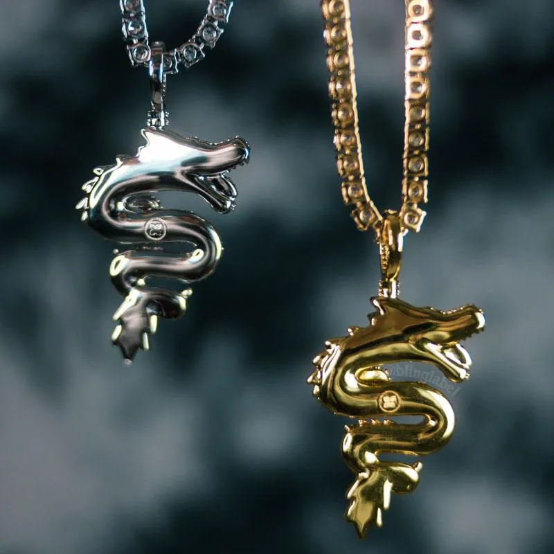 18K Iced Out Dragon Pendant Necklace Set in White Gold