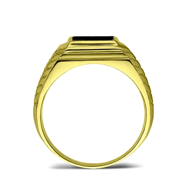 18K Real Yellow Fine Gold Black Onyx Mens Ring with 2 Natural Diamonds Accents