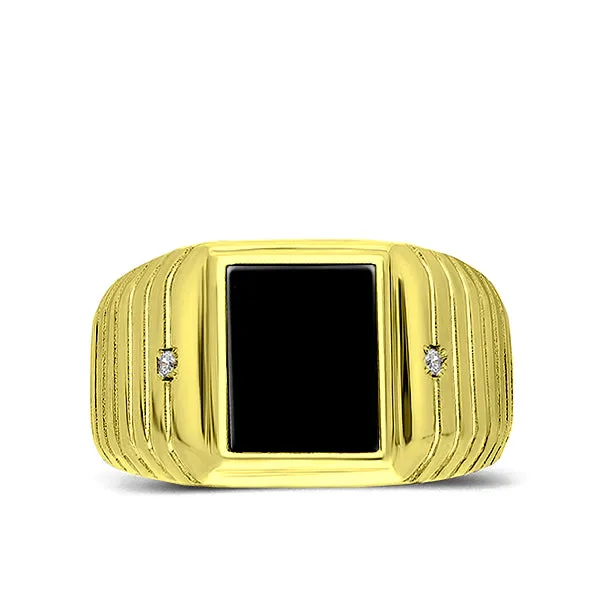 18K Real Yellow Fine Gold Black Onyx Mens Ring with 2 Natural Diamonds Accents