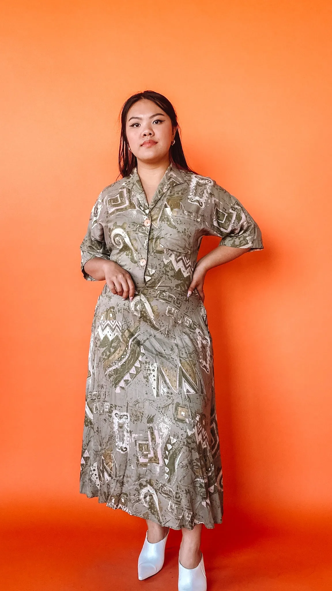 1980s Geometric Abstract Army Green Dress, sz. L