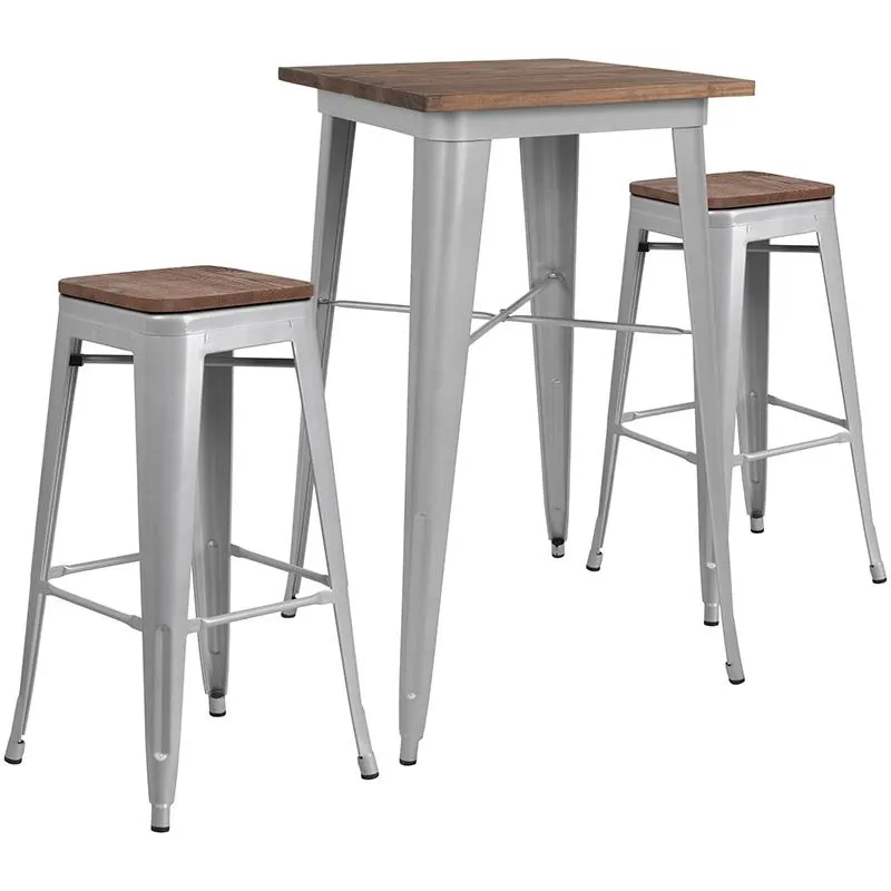 23.5" Square Silver Metal Bar Table Set With Wood Top And 2 Backless Stools By Flash Furniture