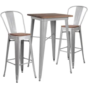 23.5" Square Silver Metal Bar Table Set With Wood Top And 2 Stools By Flash Furniture