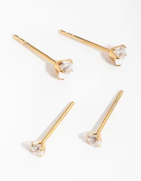 24 Carat Gold Plated Surgical Steel Round Cubic Zirconia Pack Stud Earrings