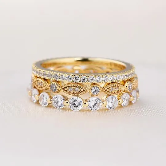 3Pcs Art Deco Golden Tone 3-Pieces Stackable Wedding Band Set