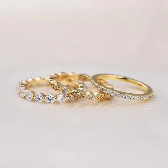 3Pcs Art Deco Golden Tone 3-Pieces Stackable Wedding Band Set