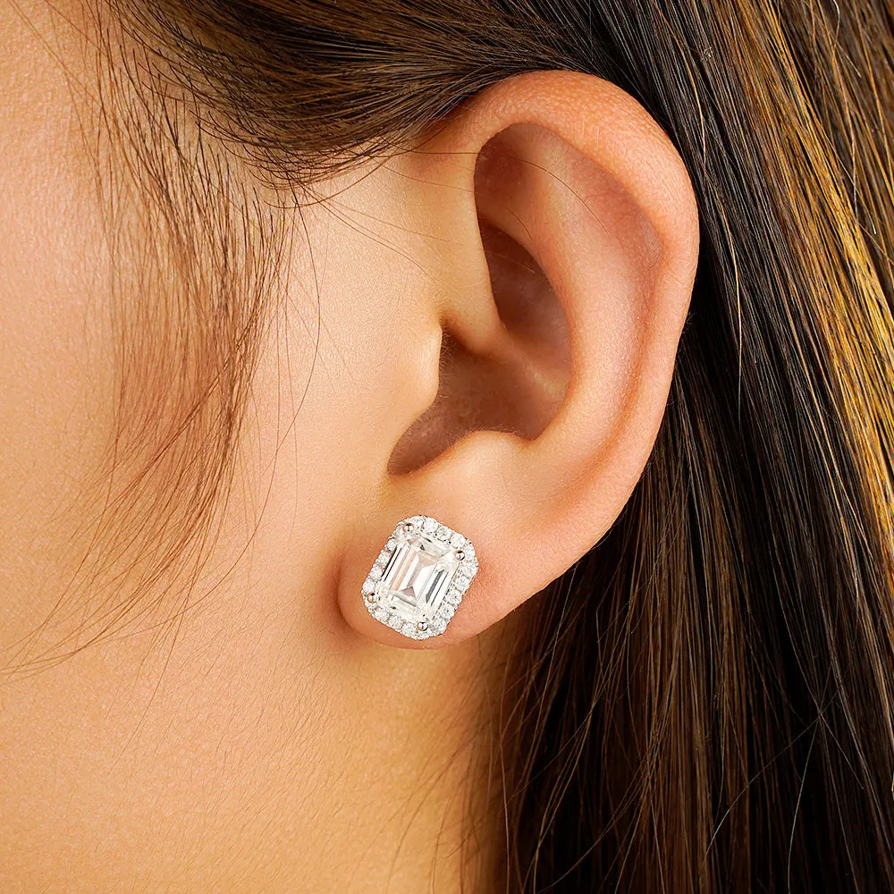 4.14 ctw Emerald Cut Moissanite Halo Stud Earrings