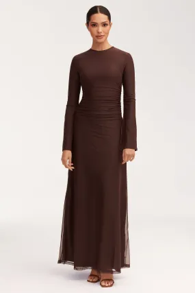 Adelina Rouched Mesh Maxi Dress - Chocolate Plum