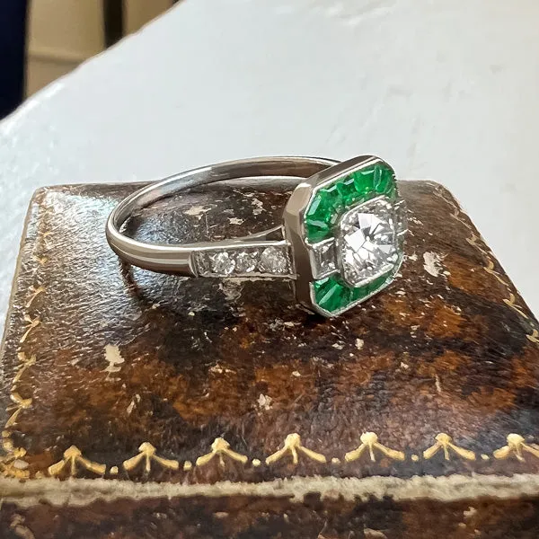 Art Deco Style Diamond & Emerald Engagement Ring, RBC 0.50ct.