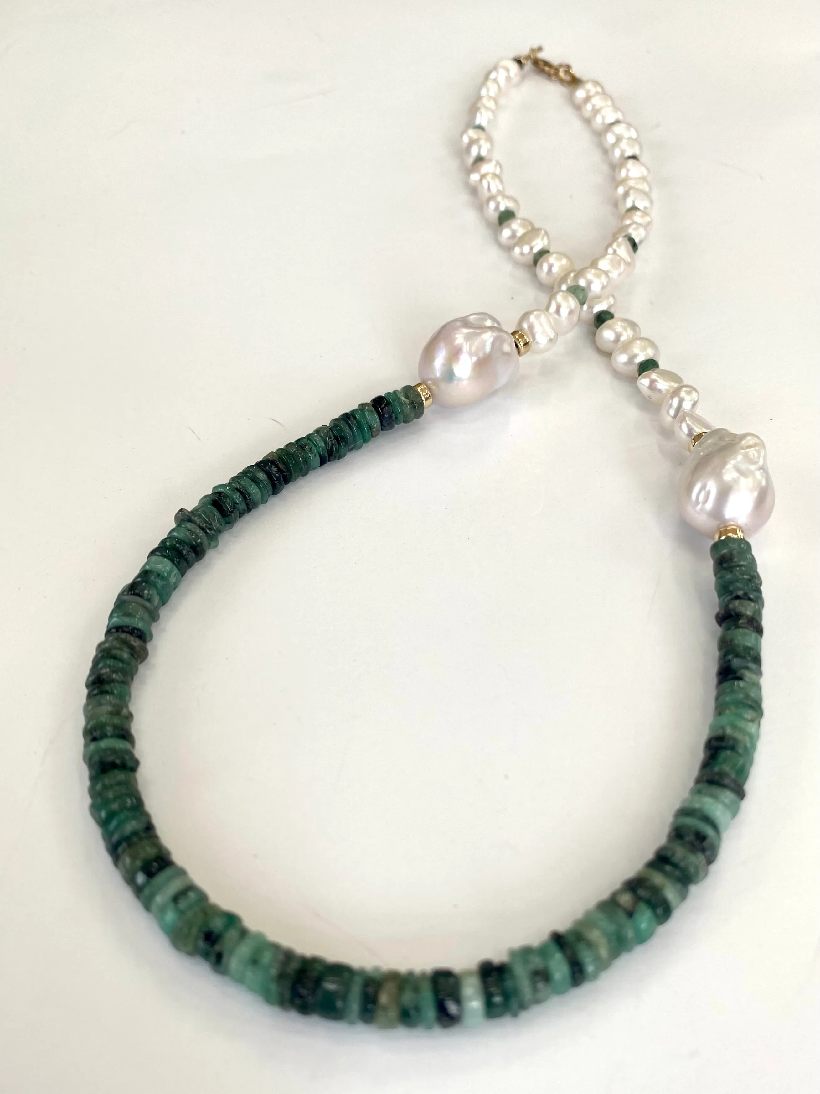 Asymmetric Emerald & Freshwater Baroque Pearl Necklace, Gold Filled, 21inch, May Birthstone