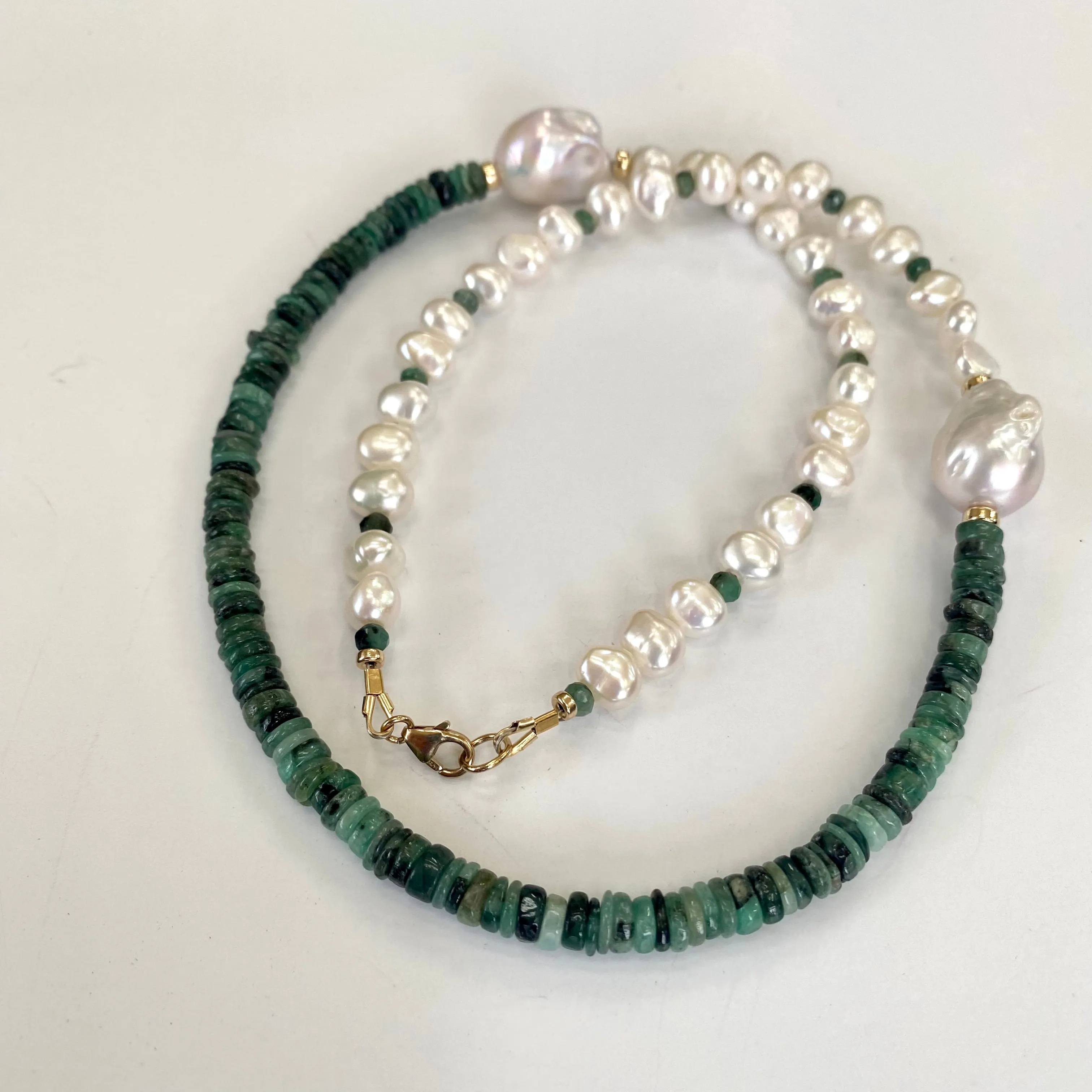 Asymmetric Emerald & Freshwater Baroque Pearl Necklace, Gold Filled, 21inch, May Birthstone