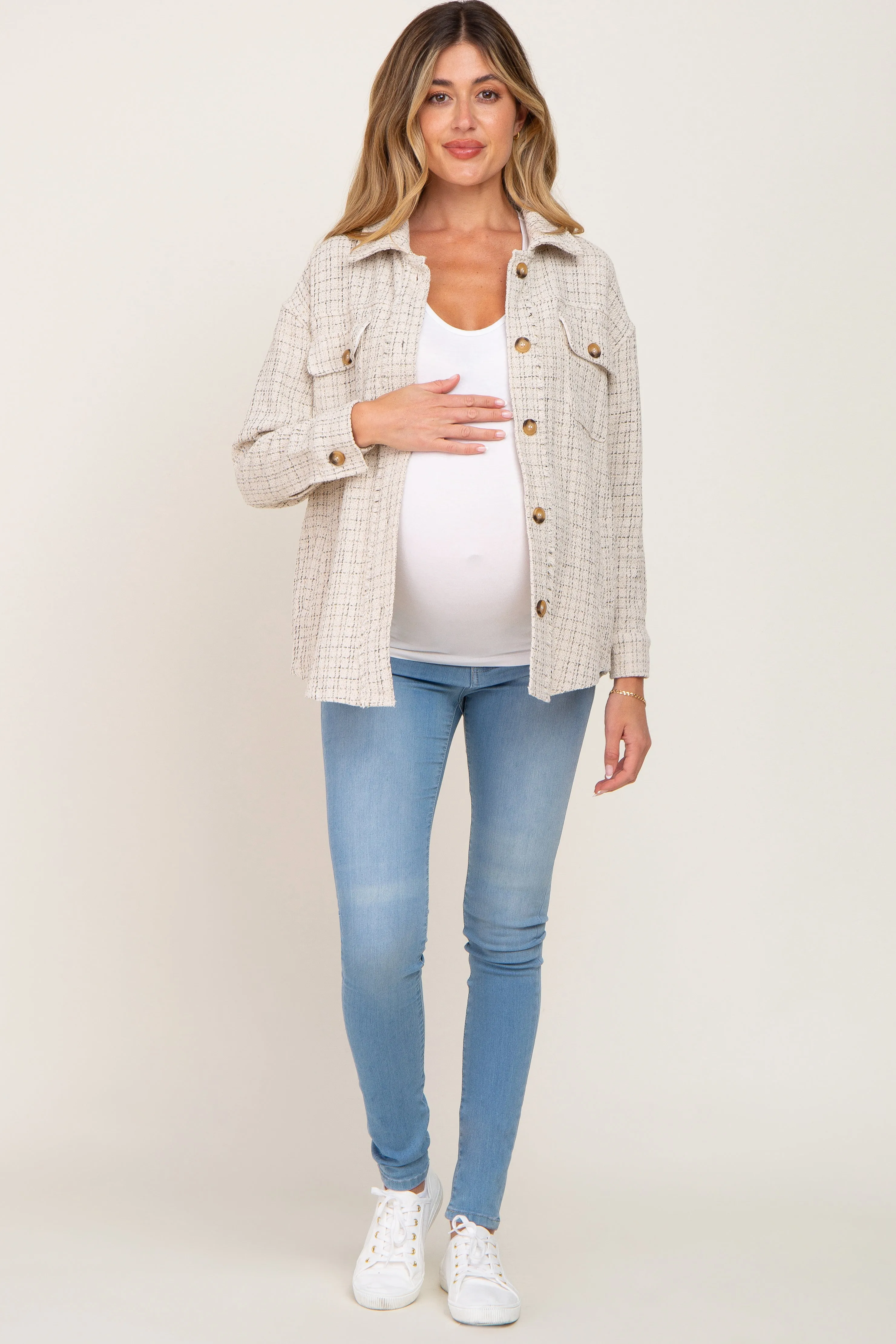 Beige Tweed Front Pocket Maternity Shacket