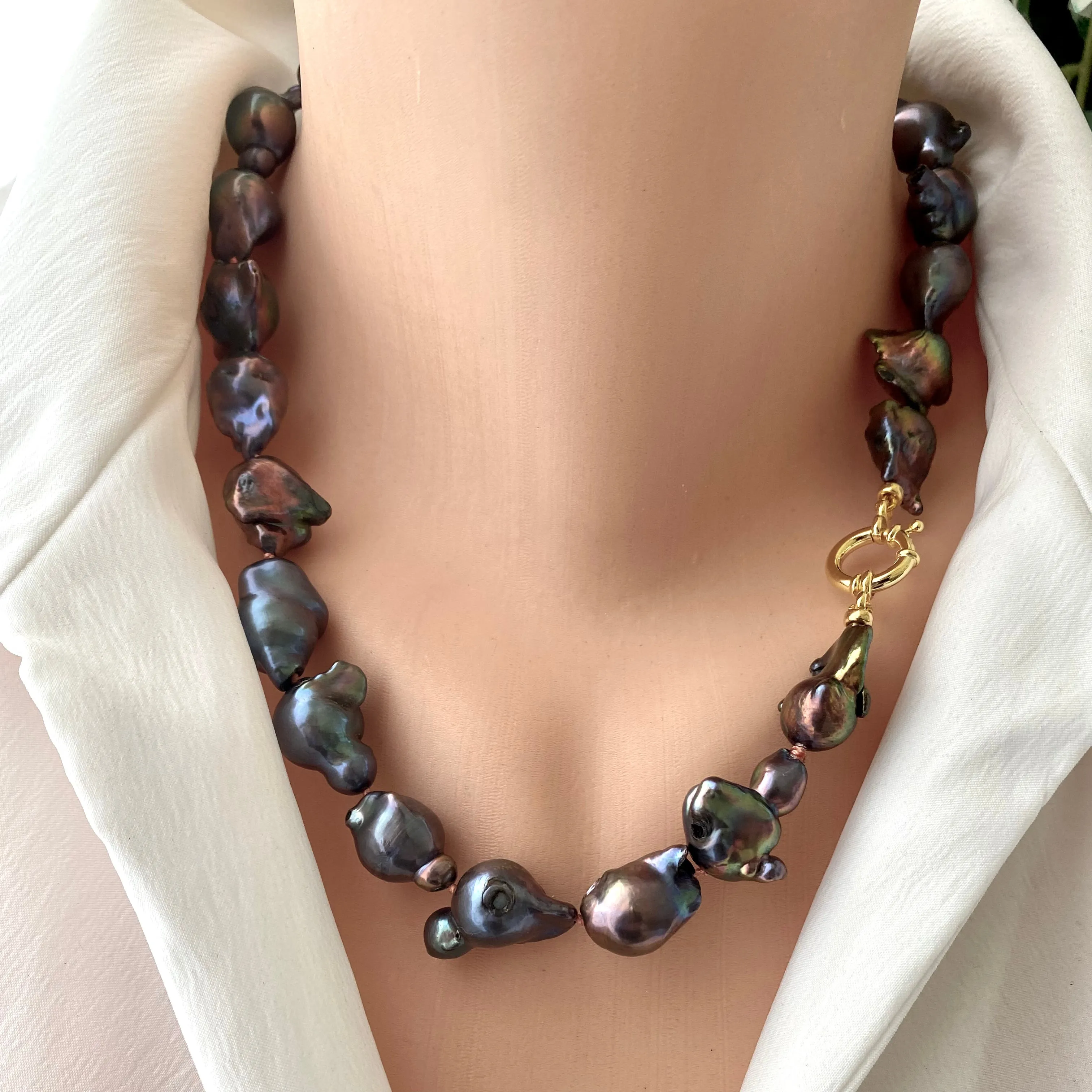 Black Baroque Pearl Chunky Necklace with Gold Vermeil Marine Closure,19.5inches