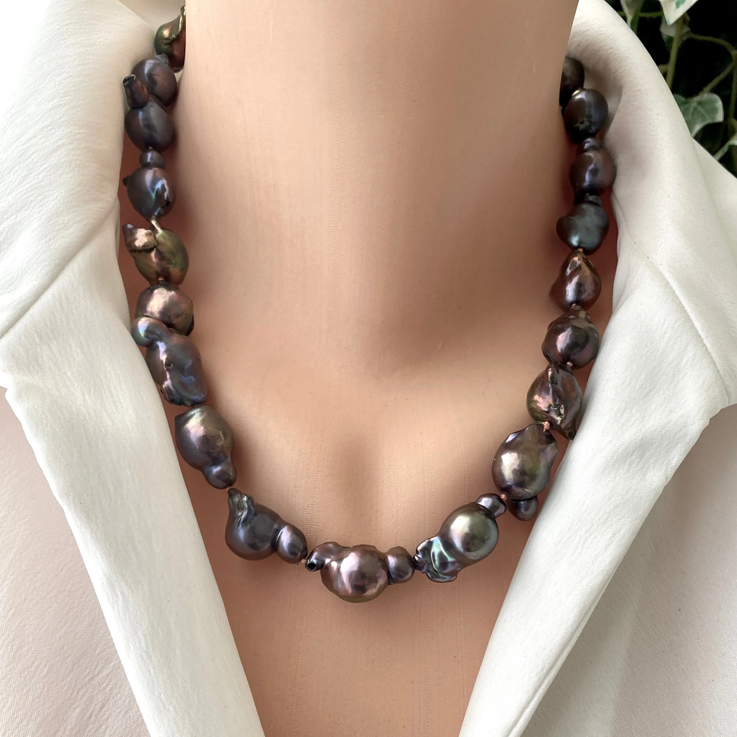 Black Baroque Pearl Chunky Necklace with Gold Vermeil Marine Closure,19.5inches