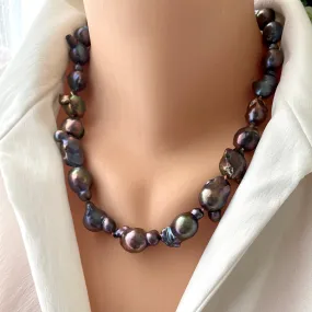 Black Baroque Pearl Chunky Necklace with Gold Vermeil Marine Closure,19.5inches