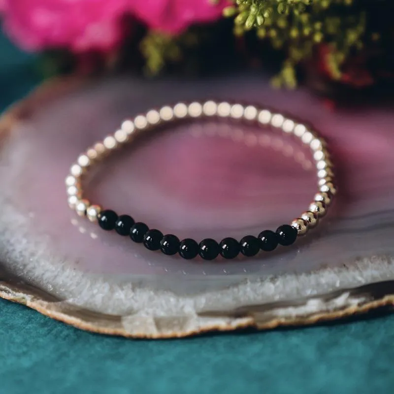 Black Onyx Gold Beaded Gemstone Bracelet