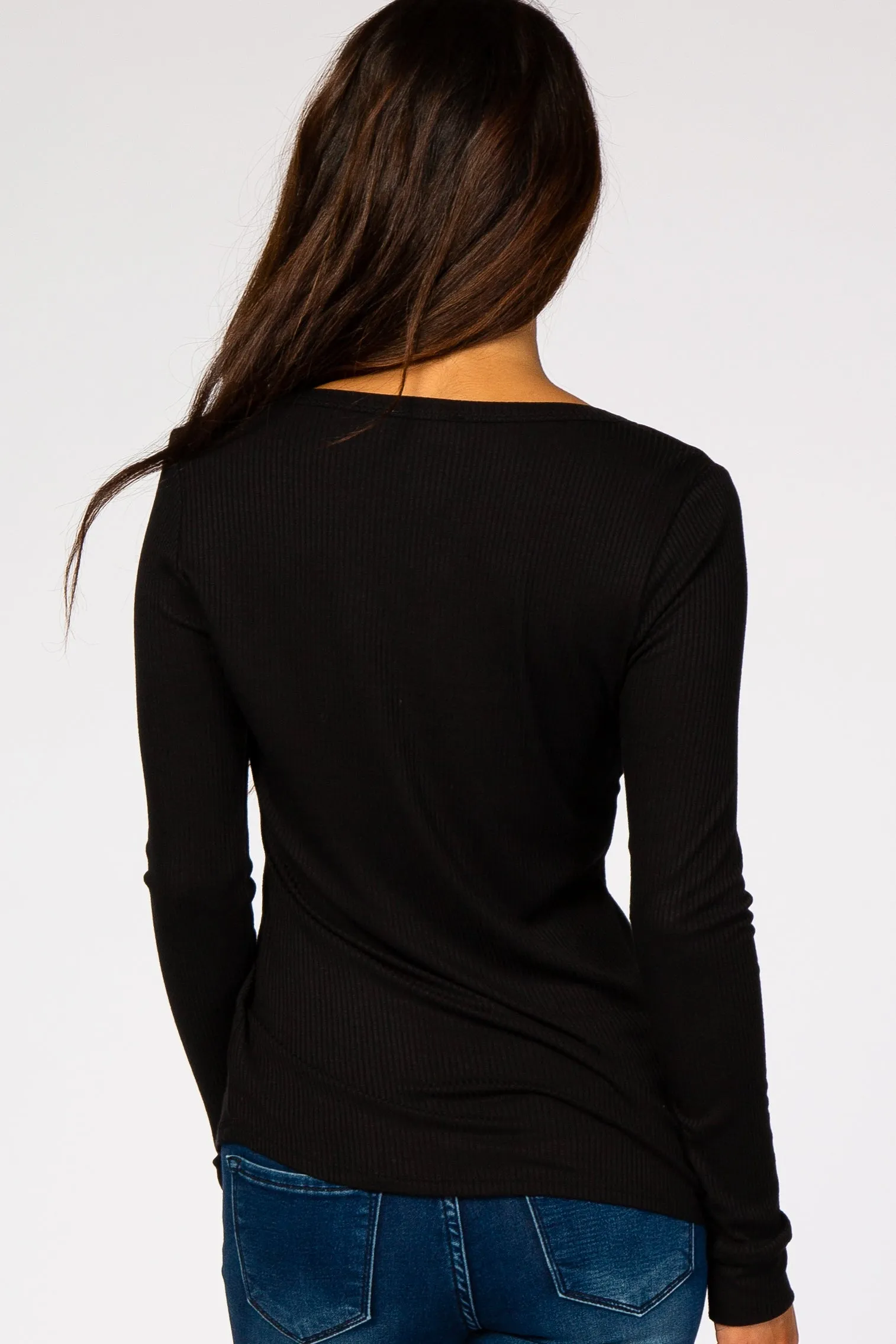 Black Ribbed Button Front Top