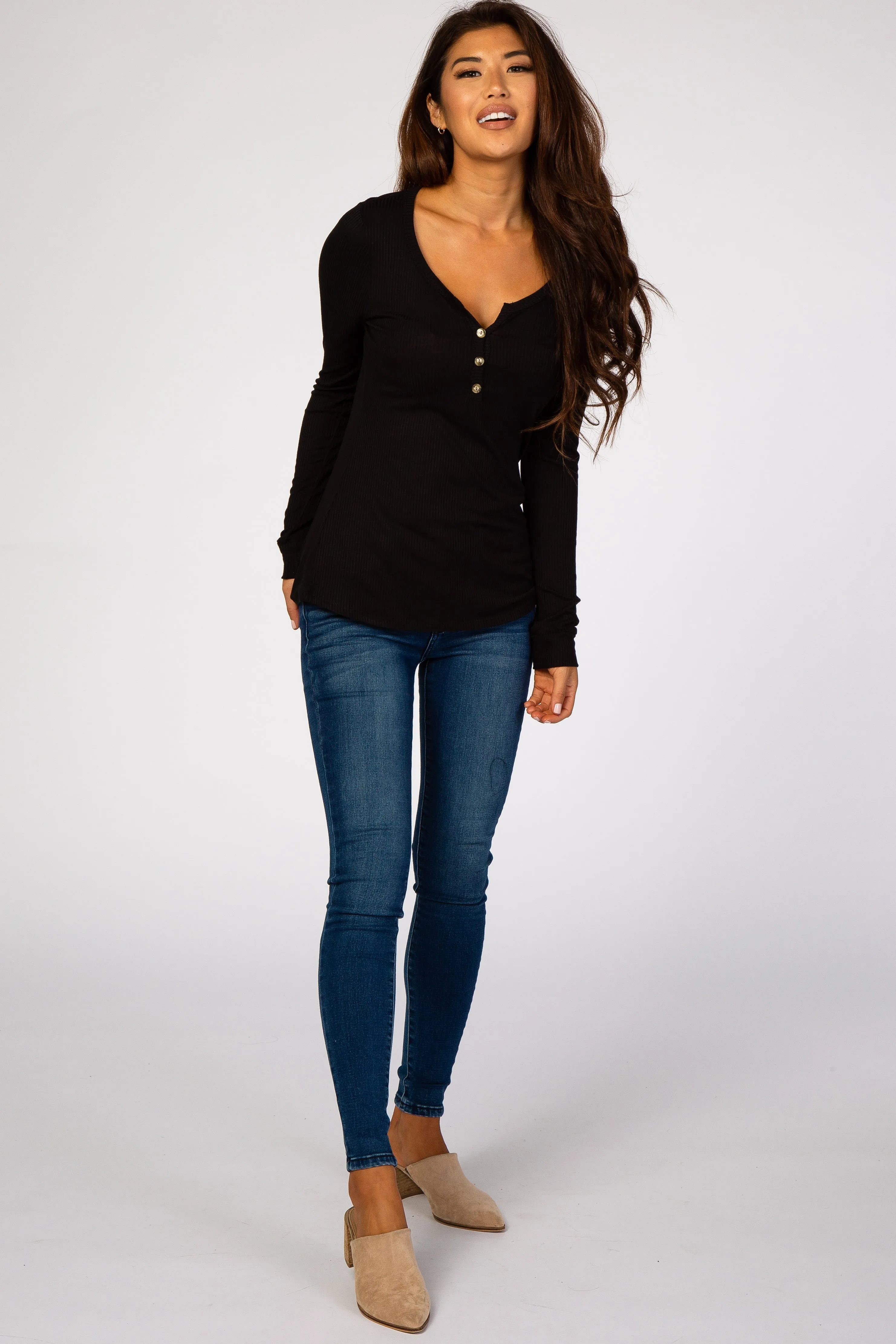 Black Ribbed Button Front Top