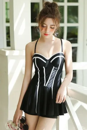 Black Underwired Spaghetti Straps Striped Skort Romper