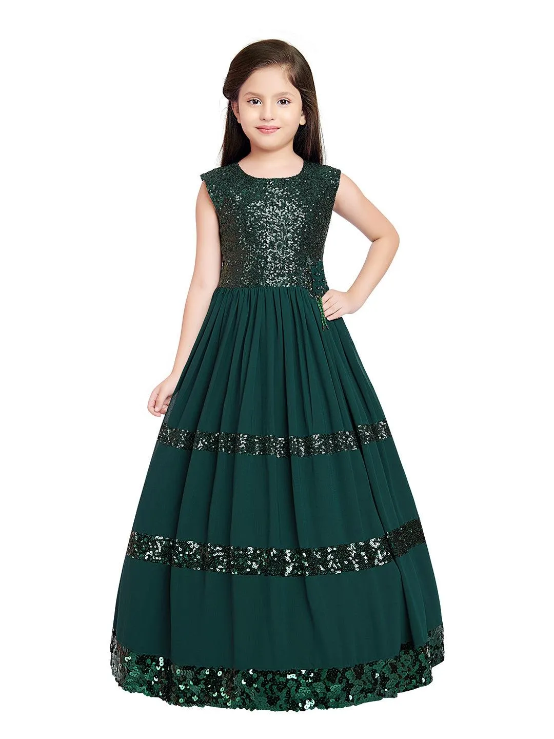 Bottle Green Coloured Sequined  Georgette Gown For Girls