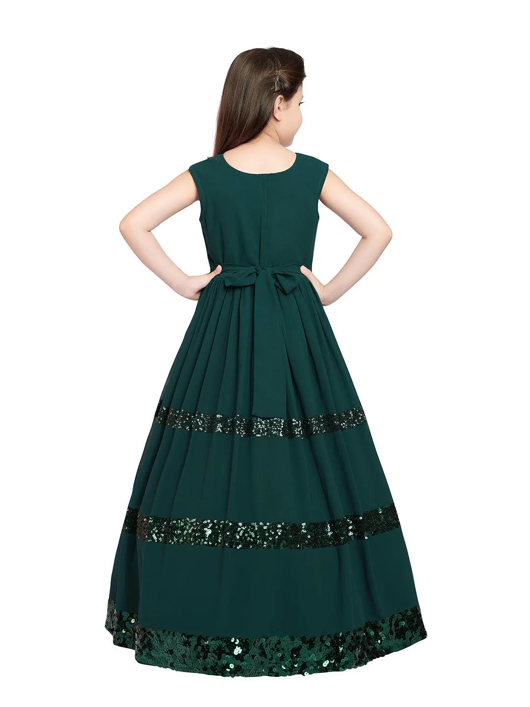 Bottle Green Coloured Sequined  Georgette Gown For Girls