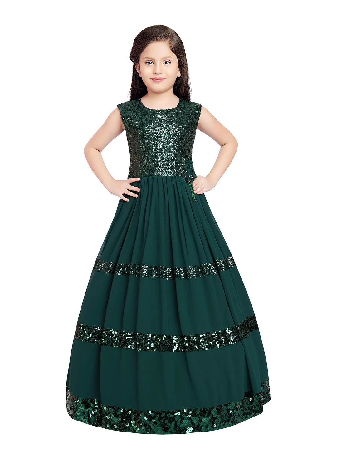 Bottle Green Coloured Sequined  Georgette Gown For Girls