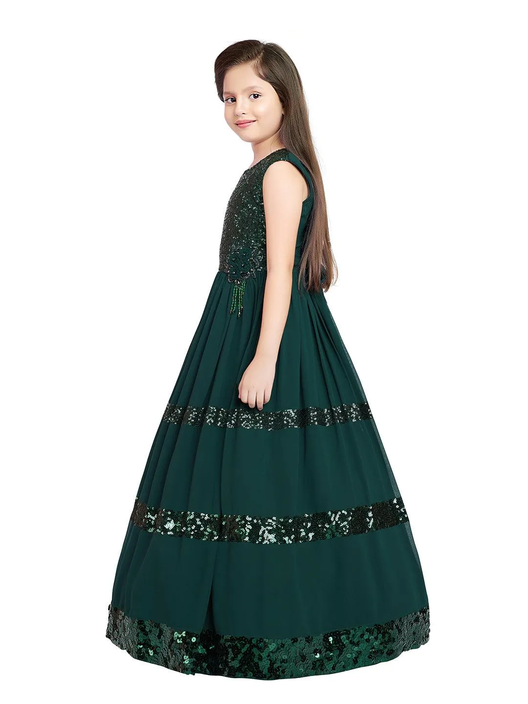 Bottle Green Coloured Sequined  Georgette Gown For Girls