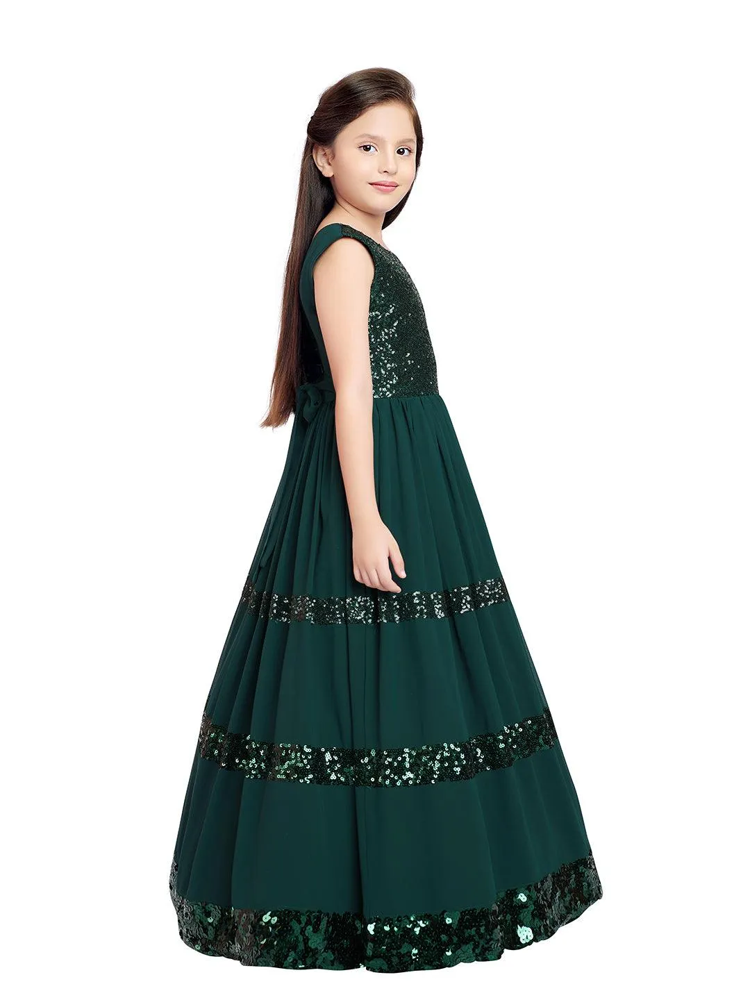 Bottle Green Coloured Sequined  Georgette Gown For Girls