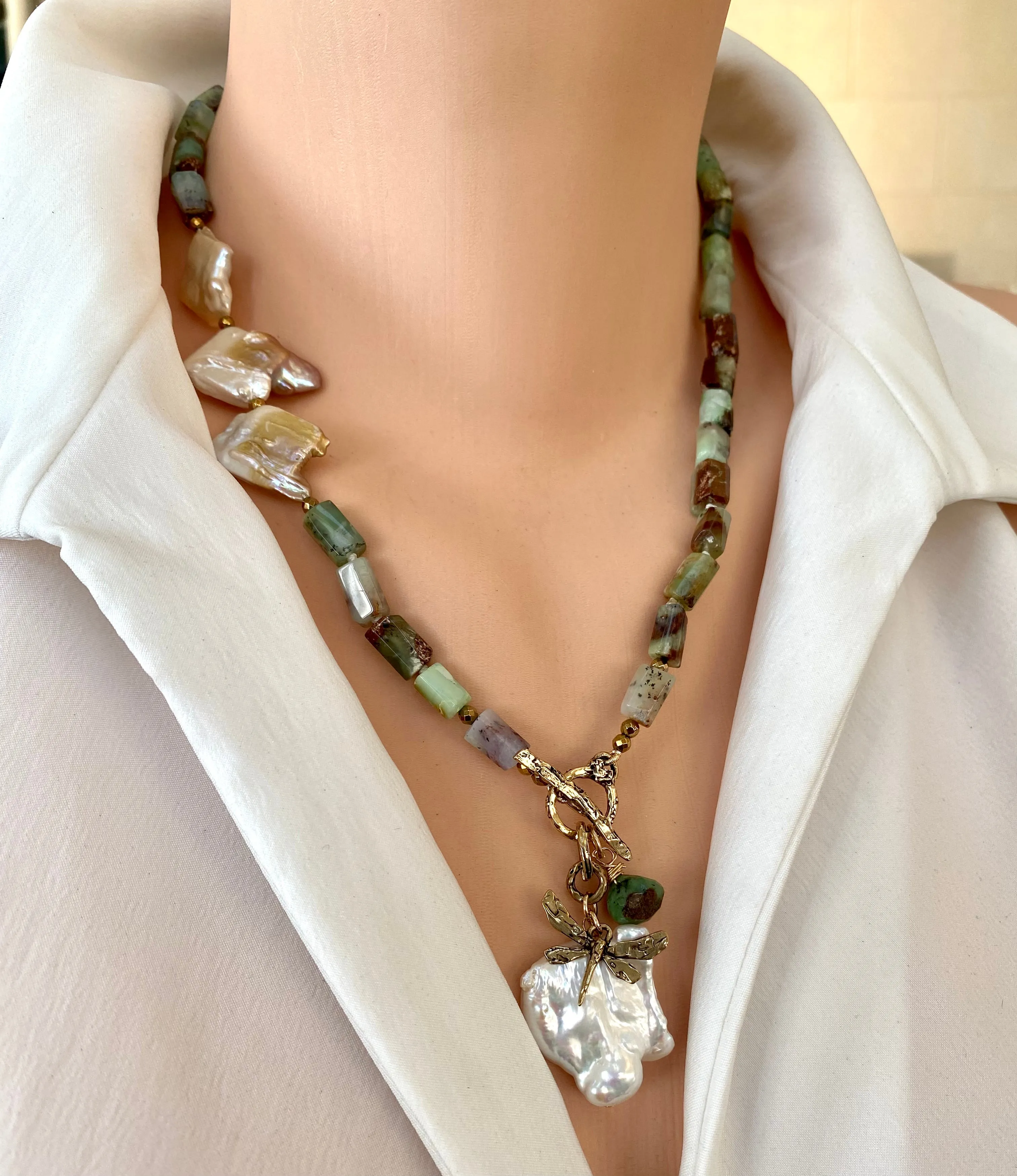 Chrysoprase Necklace, Dragonfly Charm & Baroque Pearl Pendant, Gold Bronze, Gold filled, 20in