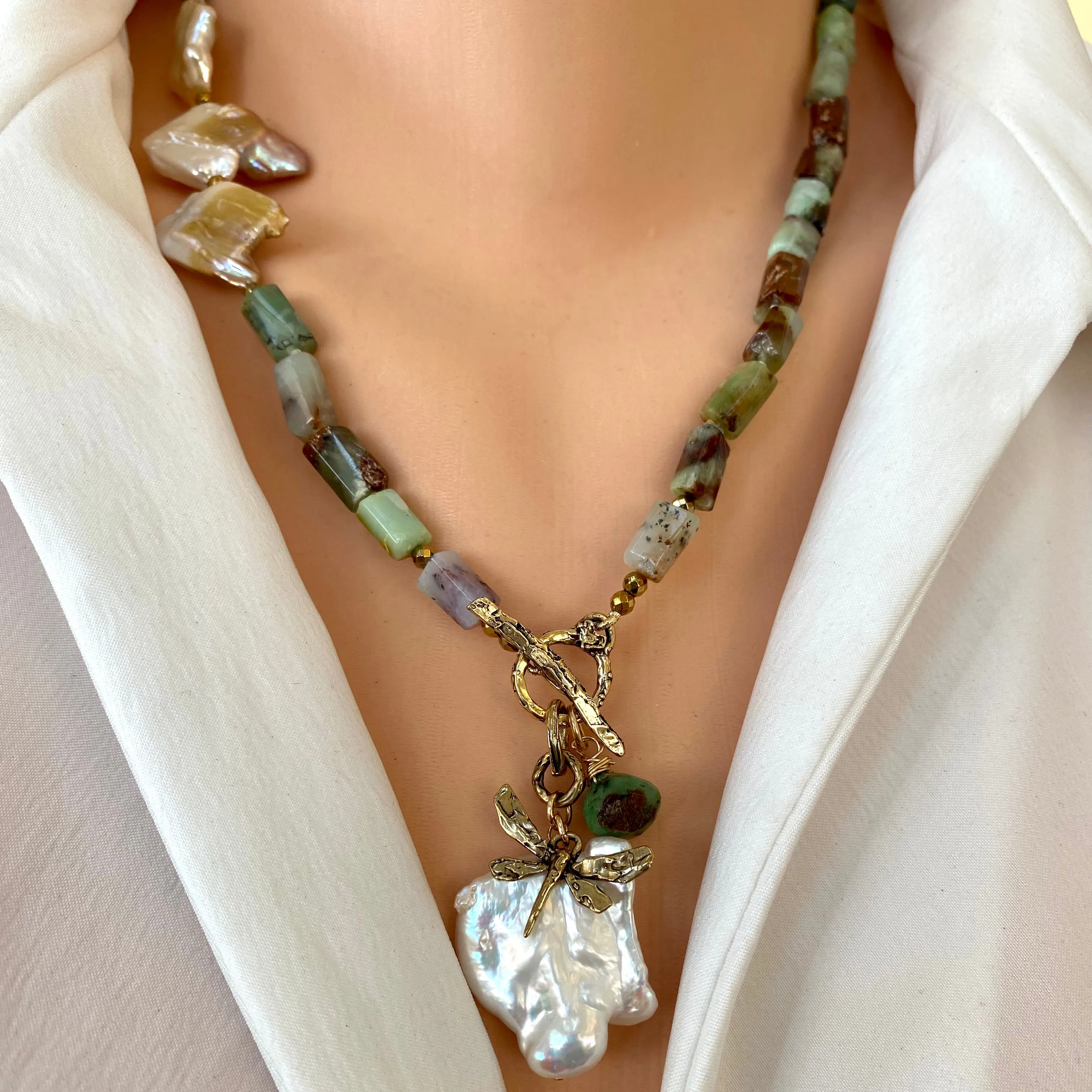 Chrysoprase Necklace, Dragonfly Charm & Baroque Pearl Pendant, Gold Bronze, Gold filled, 20in