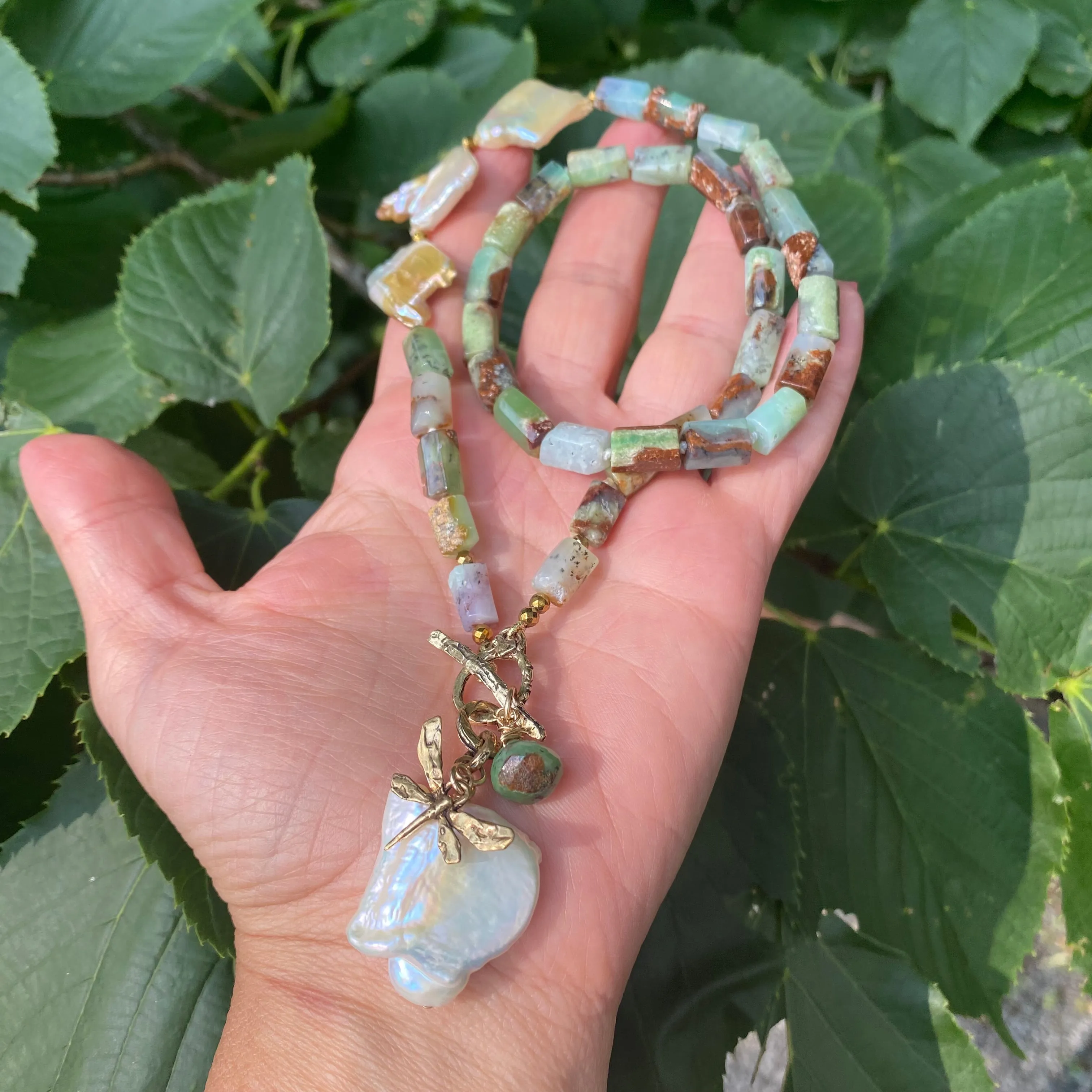 Chrysoprase Necklace, Dragonfly Charm & Baroque Pearl Pendant, Gold Bronze, Gold filled, 20in