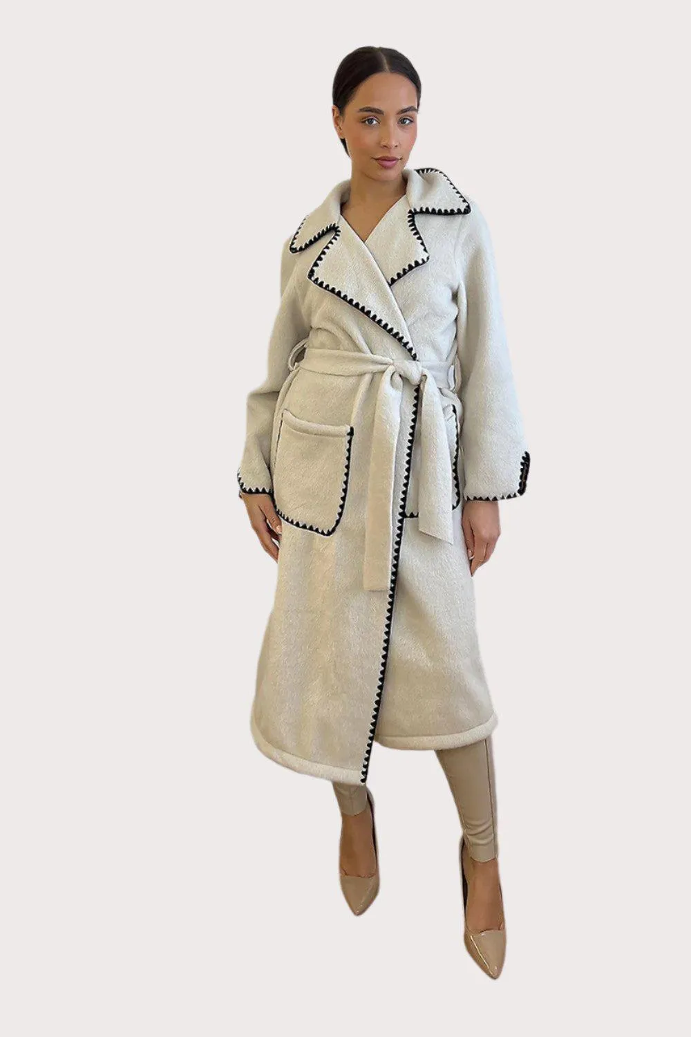 Contrast Stitch Felt Midi Tie Up Coat