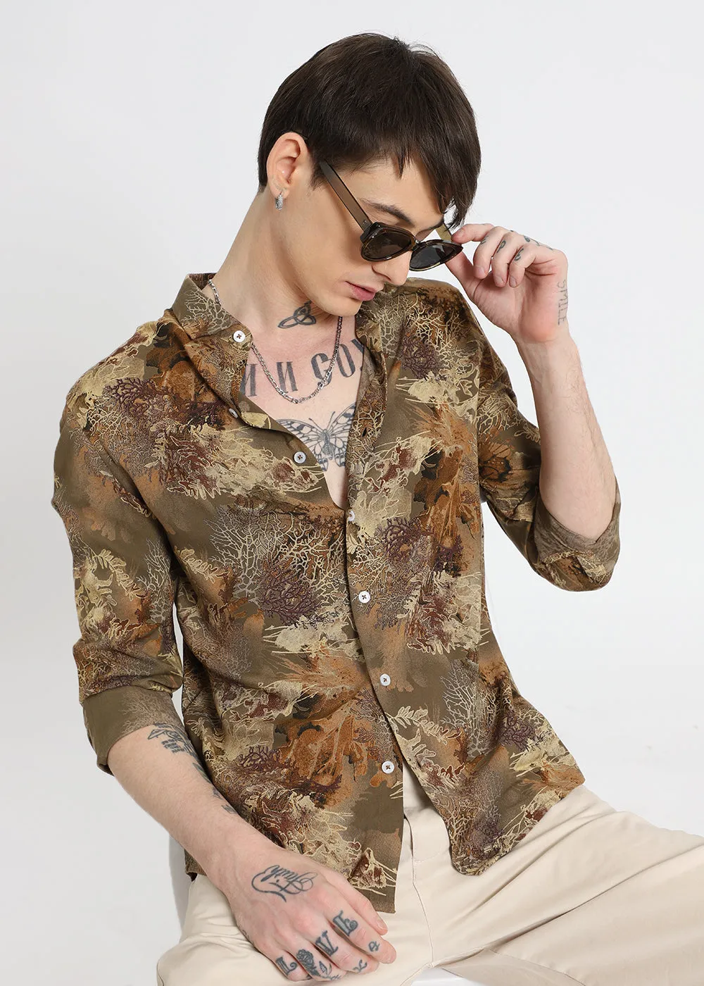 Coral Oasis Khaki Feather shirt