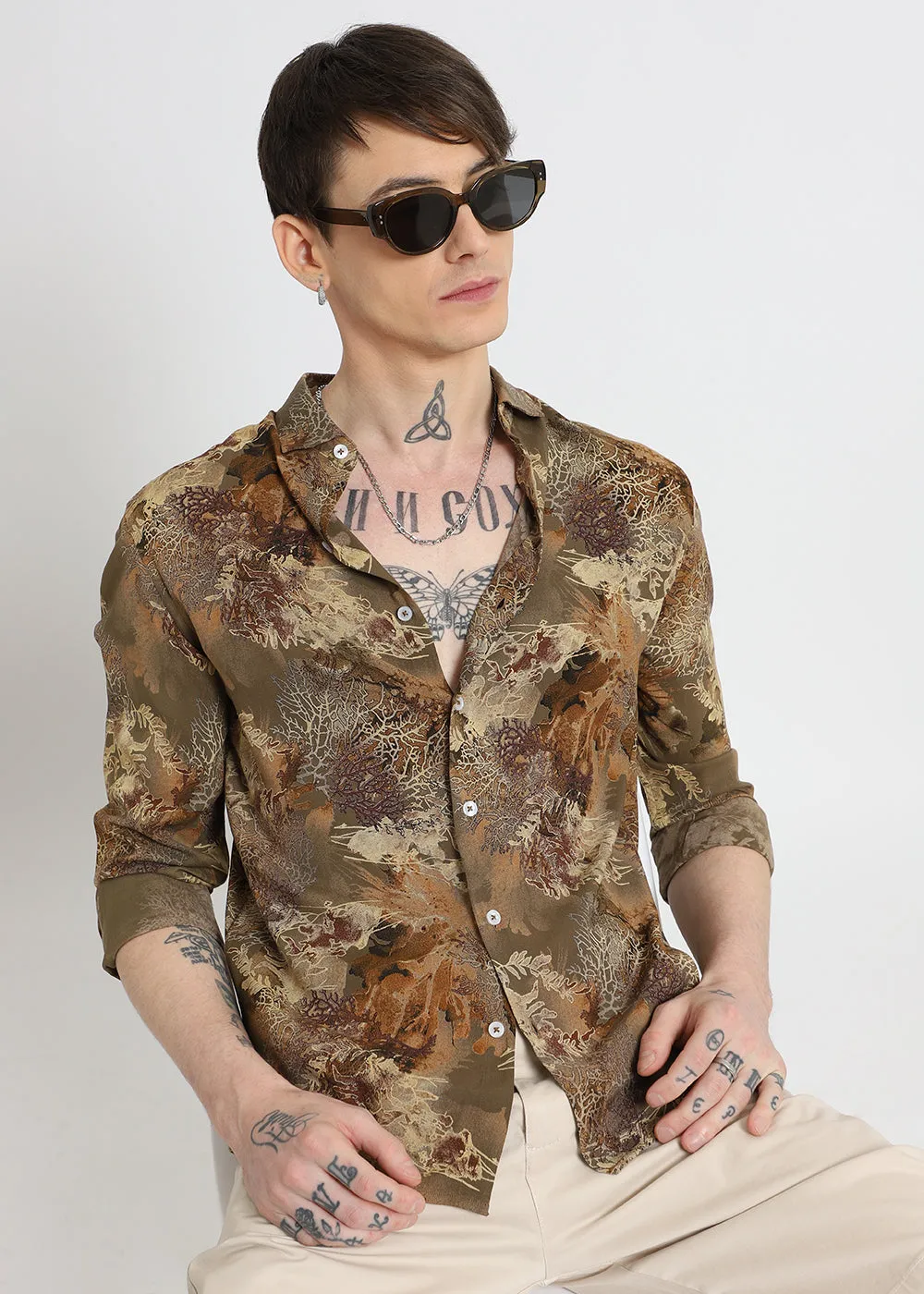 Coral Oasis Khaki Feather shirt