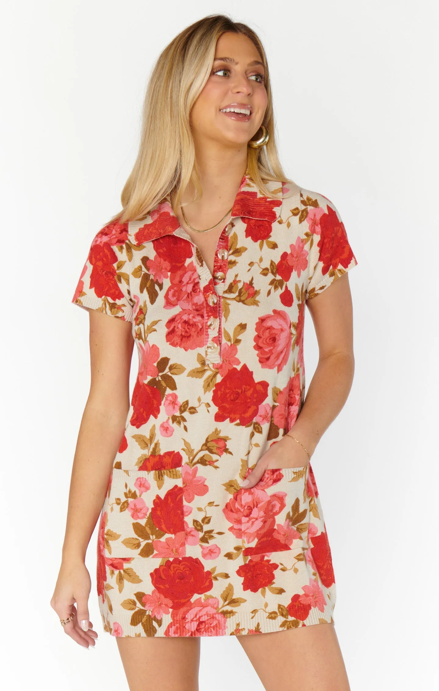 DEXTER BUTTON SWEATER DRESS TAN HILLSIDE FLORAL