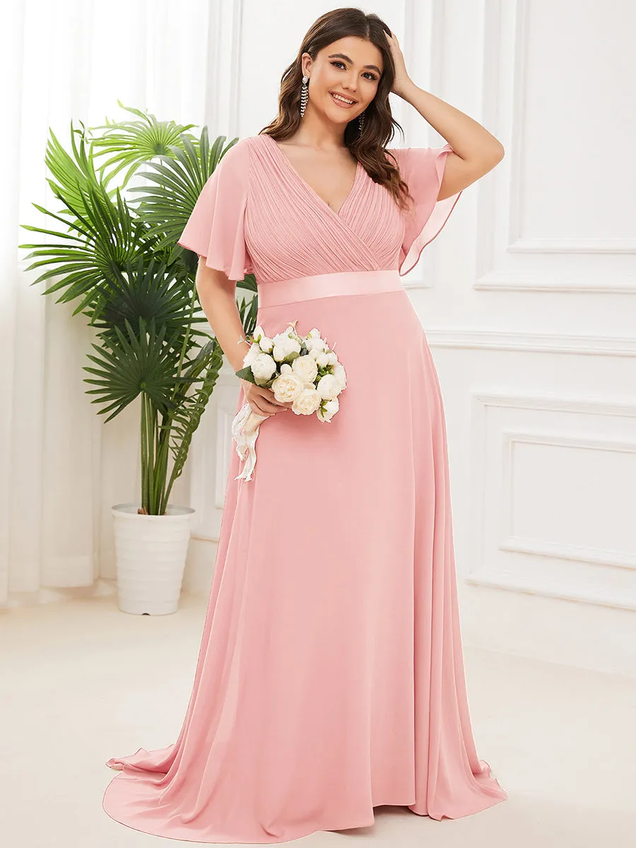 Double V-Neck Ruffles Padded Plus Size  Evening Dresses