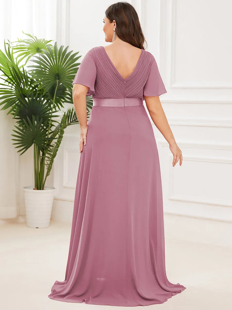 Double V-Neck Ruffles Padded Plus Size  Evening Dresses