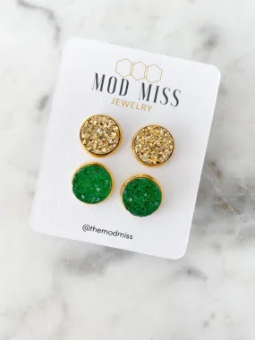 Druzy Stud Earring Set of 2 Gold & Green in Gold Setting