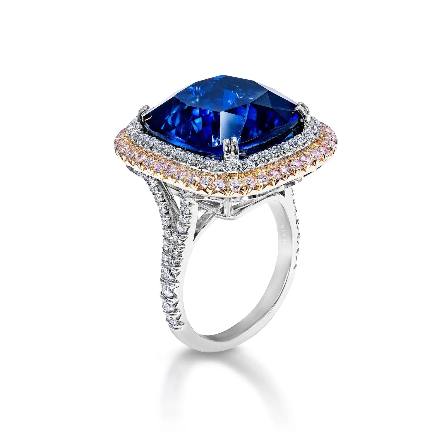 Fiona 31 Carat Cushion Cut Blue Sapphire Ring with Diamond Double Halo in Platinum EGL Certified