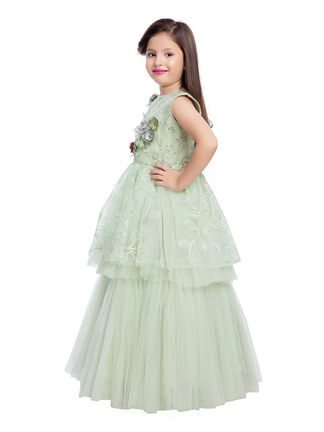 Green Embellished Peplum Styled Net Party Wear Gown For Girls