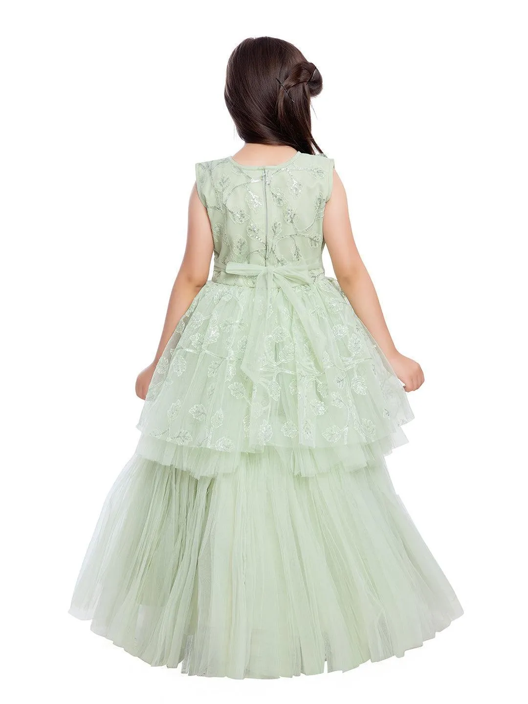 Green Embellished Peplum Styled Net Party Wear Gown For Girls