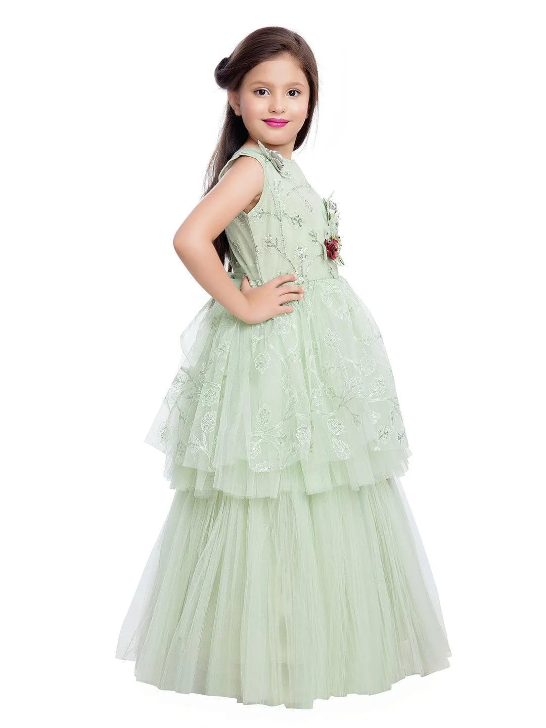 Green Embellished Peplum Styled Net Party Wear Gown For Girls