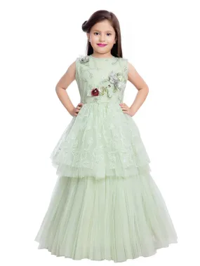 Green Embellished Peplum Styled Net Party Wear Gown For Girls