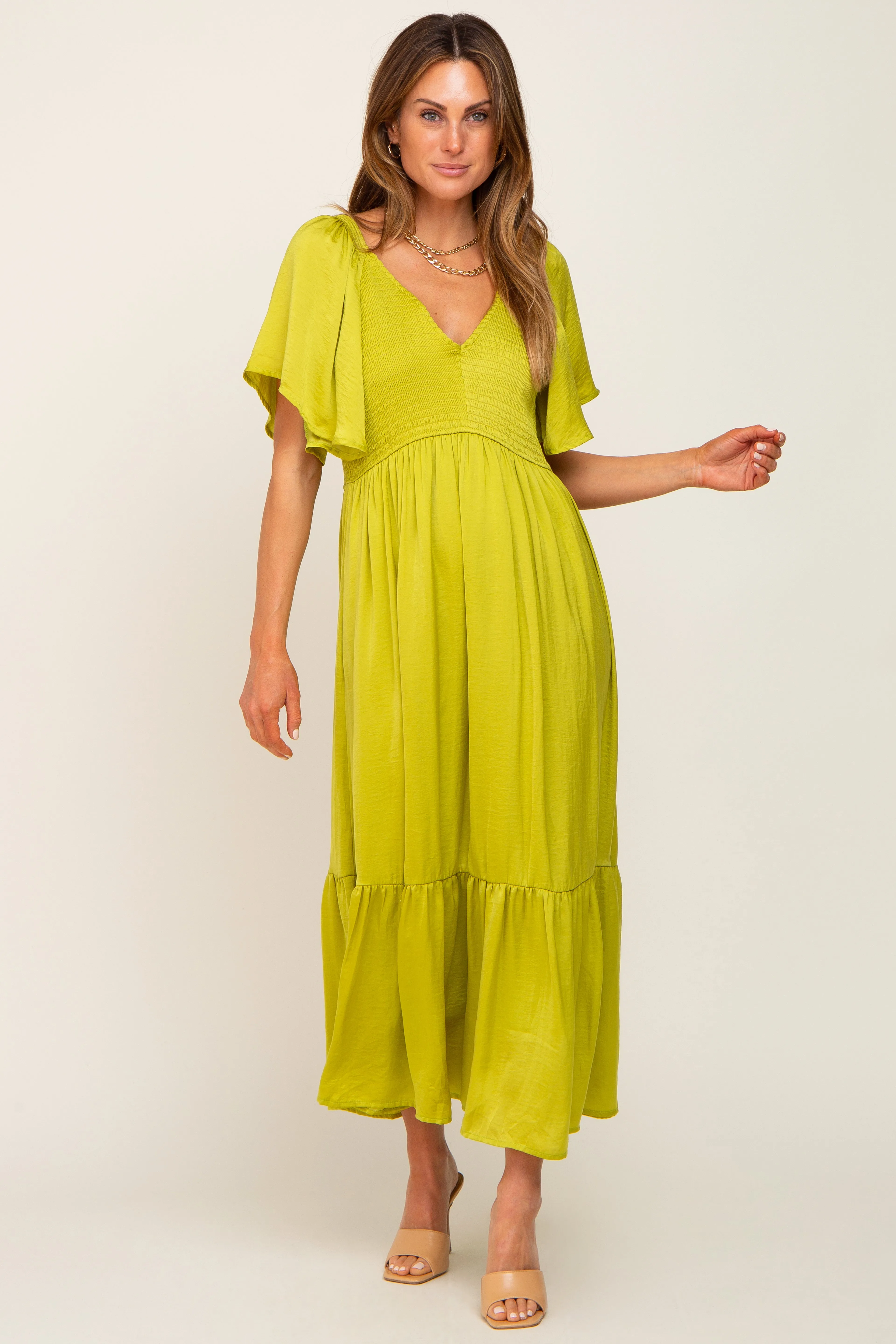 Green Satin Smocked Midi Dress