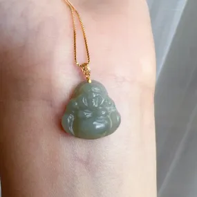 High-quality Green Nephrite Jade Happy Buddha Pendant with 18K Yellow Gold Buckle | 925 Sterling Silver Necklace | Heart Chakra Healing Gemstone